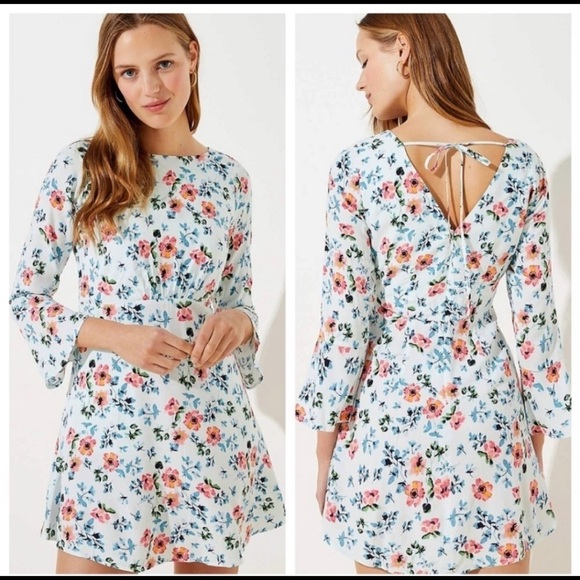 Loft Floral Tie Back Bell Sleeve Blue Breeze Mini Dress - Picture 2 of 11